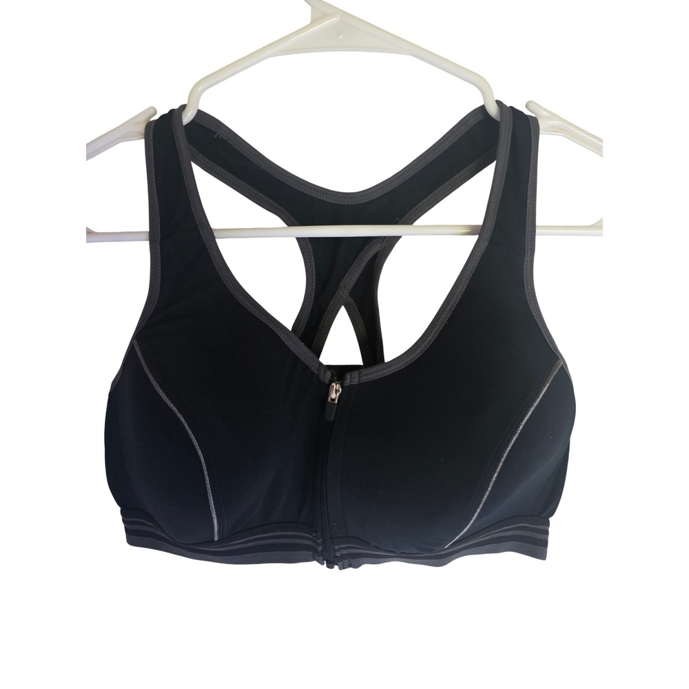 Bally Total Fitness Womens Black Zip Front‎ Racerback Sports Bra L Wireless